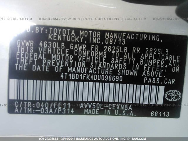 4T1BD1FK4DU096690 - 2013 TOYOTA CAMRY HYBRID/LE/XLE 白色 照片 9