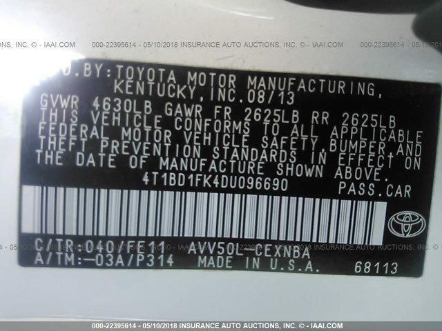 4T1BD1FK4DU096690 - 2013 TOYOTA CAMRY HYBRID/LE/XLE WHITE photo 9