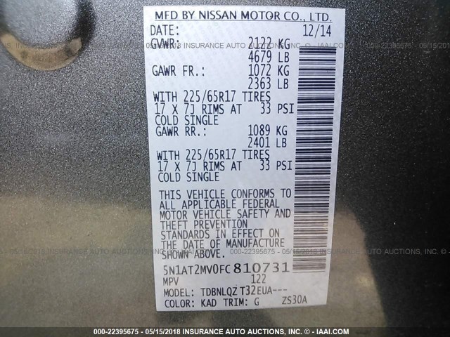 5N1AT2MV0FC810731 - 2015 NISSAN ROGUE S/SL/SV GRAY photo 9