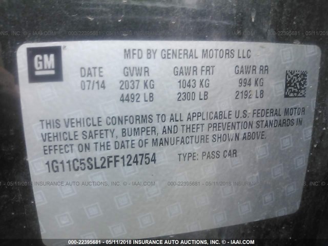 1G11C5SL2FF124754 - 2015 CHEVROLET MALIBU 1LT 灰色 照片 9