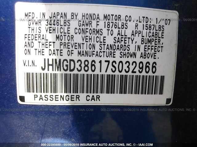 JHMGD38617S032966 - 2007 HONDA FIT S BLUE photo 9