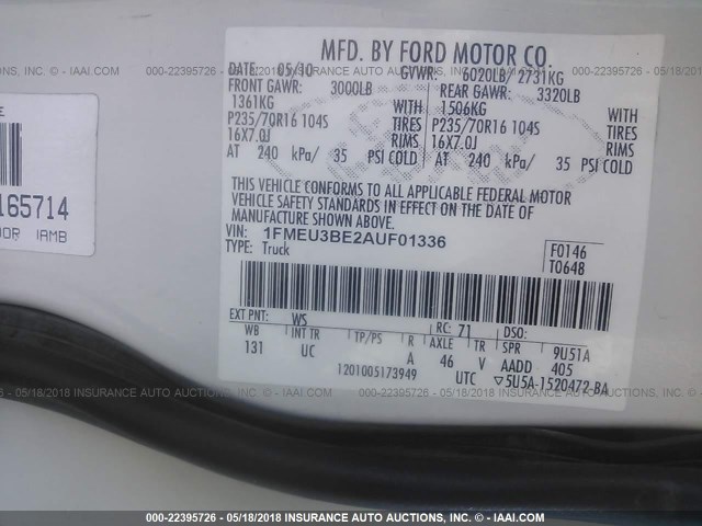 1FMEU3BE2AUF01336 - 2010 FORD EXPLORER SPORT TR XLT WHITE photo 9