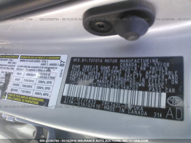 2T1KU40E39C149702 - 2009 TOYOTA COROLLA MATRIX  SILVER photo 9