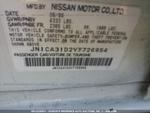 JN1CA31D2YT726954 - 2000 NISSAN MAXIMA GLE/GXE/SE WHITE photo 9