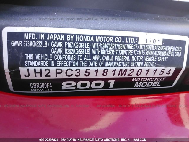 JH2PC35181M201154 - 2001 HONDA CBR600 F4 WHITE photo 10