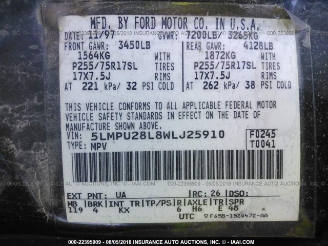 5LMPU28L8WLJ25910 - 1998 LINCOLN NAVIGATOR BLACK photo 9