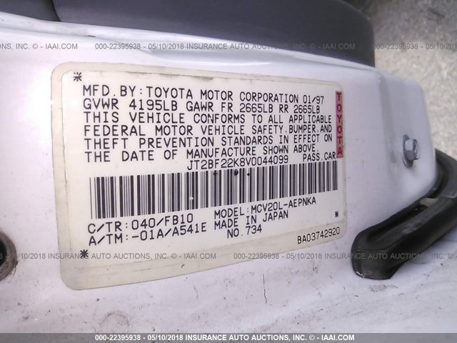 JT2BF22K8V0044099 - 1997 TOYOTA CAMRY LE/XLE Ağ foto 9