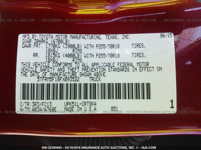 5TFRM5F18FX093522 - 2015 TOYOTA TUNDRA DOUBLE CAB SR/SR5 RED photo 9