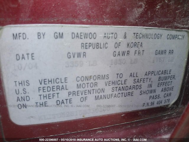 KL1TD52615B330300 - 2005 CHEVROLET AVEO LS RED photo 9