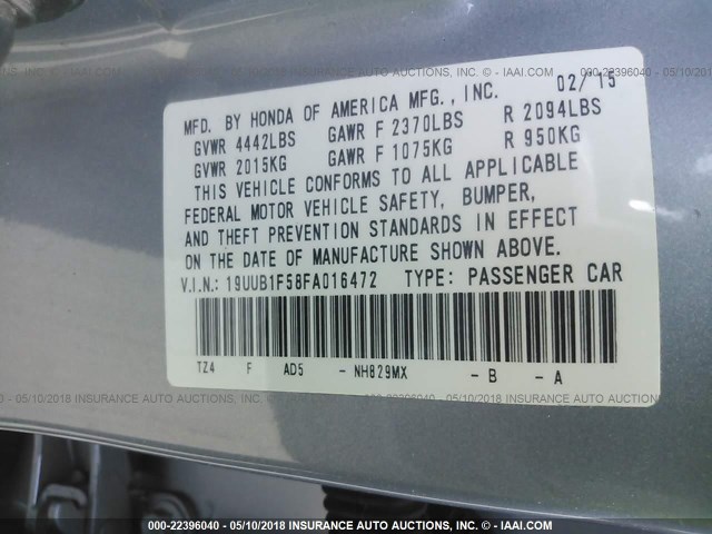 19UUB1F58FA016472 - 2015 ACURA TLX TECH GRAY photo 9