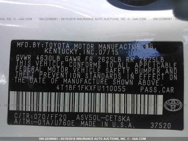 4T1BF1FKXFU110055 - 2015 TOYOTA CAMRY LE/XLE/SE/XSE WHITE photo 9