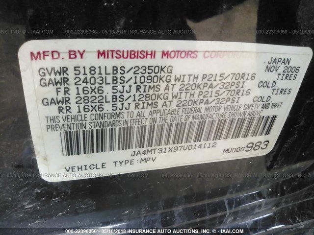 JA4MT31X97U014112 - 2007 MITSUBISHI OUTLANDER LS BLACK photo 9