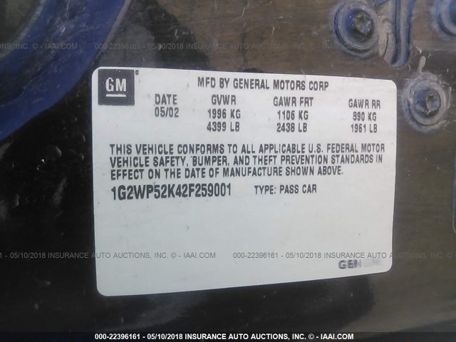 1G2WP52K42F259001 - 2002 PONTIAC GRAND PRIX GT BLACK photo 9