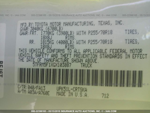 5TFRM5F1XGX103887 - 2016 TOYOTA TUNDRA DOUBLE CAB SR/SR5 WHITE photo 9