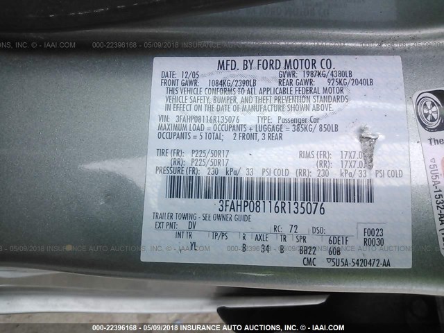 3FAHP08116R135076 - 2006 FORD FUSION SEL GREEN photo 9