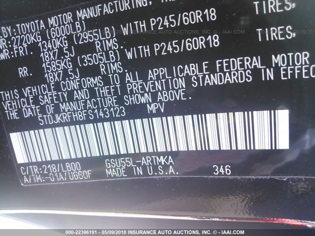 5TDJKRFH8FS143123 - 2015 TOYOTA HIGHLANDER XLE შავი ფოტო 9