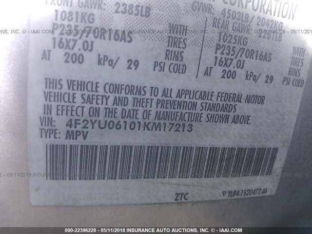 4F2YU06101KM17213 - 2001 MAZDA TRIBUTE DX 银色 照片 9