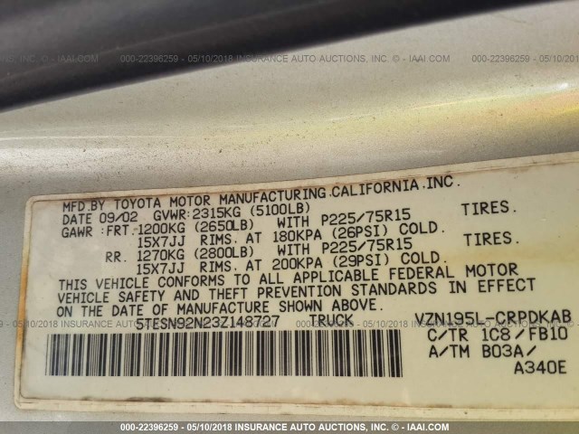 5TESN92N23Z148727 - 2003 TOYOTA TACOMA XTRACAB PRERUNNER ვერცხლისფერი ფოტო 9