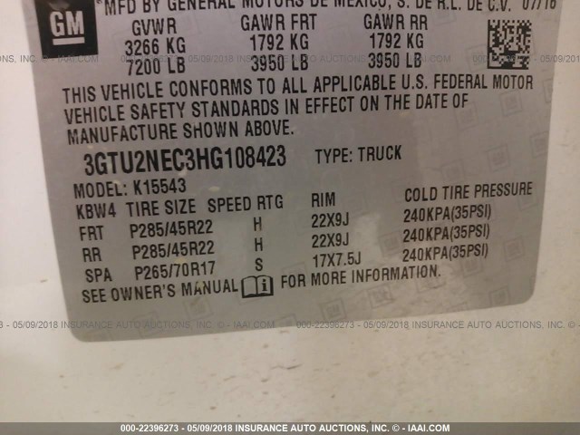 3GTU2NEC3HG108423 - 2017 GMC SIERRA K1500 SLT WHITE photo 9