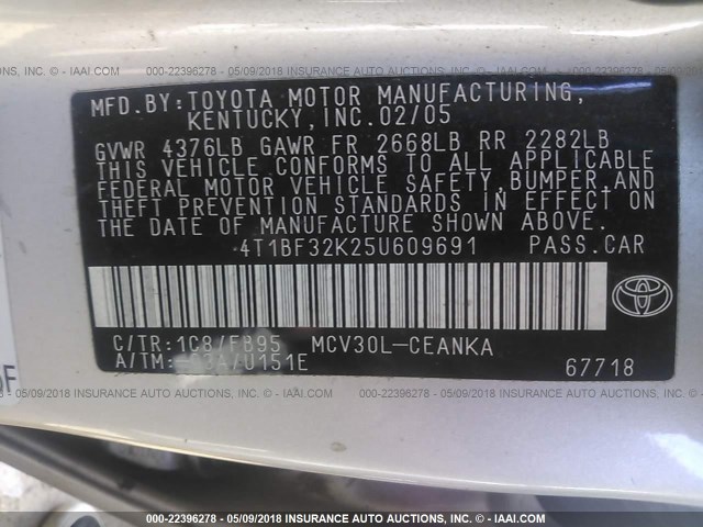 4T1BF32K25U609691 - 2005 TOYOTA CAMRY LE/XLE/SE 银色 照片 9