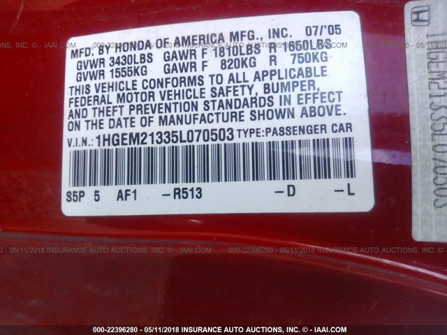 1HGEM21335L070503 - 2005 HONDA CIVIC DX VP RED photo 9