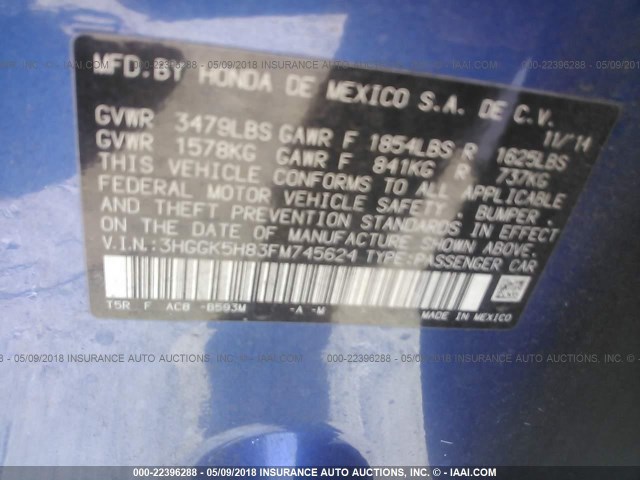 3HGGK5H83FM745624 - 2015 HONDA FIT EX/EXL BLUE photo 9