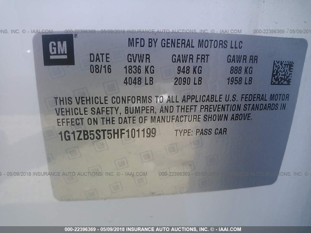 1G1ZB5ST5HF101199 - 2017 CHEVROLET MALIBU LS 白色 照片 9