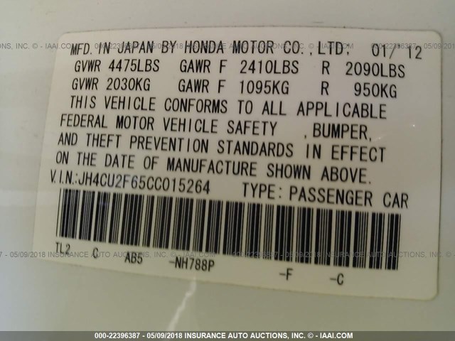 JH4CU2F65CC015264 - 2012 ACURA TSX TECH WHITE photo 9