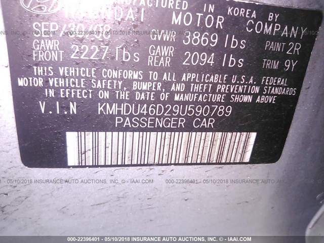 KMHDU46D29U590789 - 2009 HYUNDAI ELANTRA GLS/SE SILVER photo 8