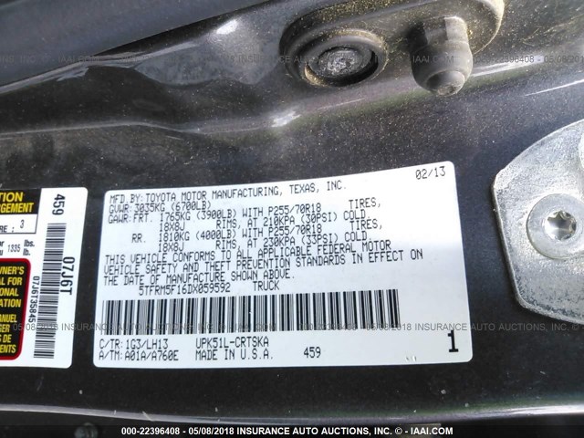 5TFRM5F16DX059592 - 2013 TOYOTA TUNDRA DOUBLE CAB SR5 Negro foto 9