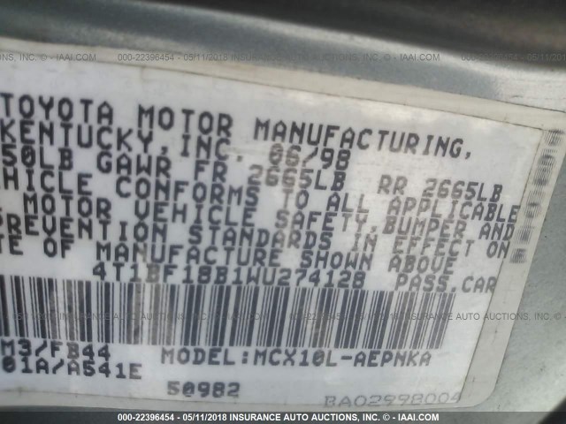 4T1BF18B1WU274128 - 1998 TOYOTA AVALON XL/XLS GRAY photo 9