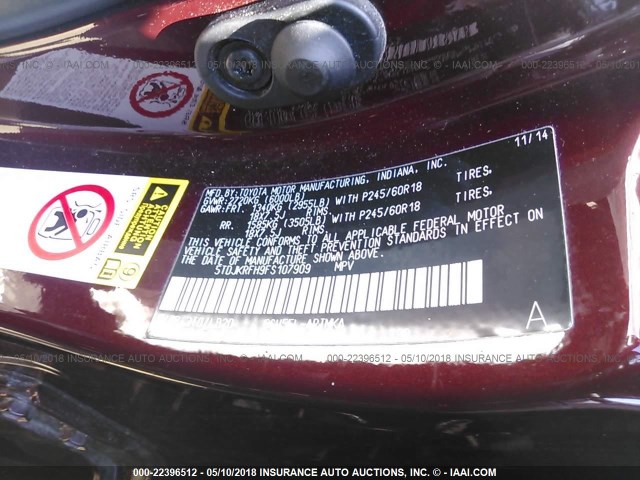 5TDJKRFH9FS107909 - 2015 TOYOTA HIGHLANDER XLE 栗色 照片 9