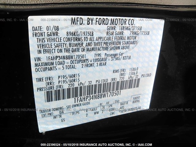 1FAHP34N88W170501 - 2008 FORD FOCUS S/SE BLACK photo 9