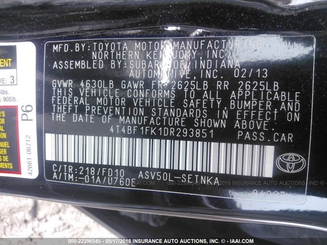 4T4BF1FK1DR293851 - 2013 TOYOTA CAMRY L/SE/LE/XLE 黑色 照片 9