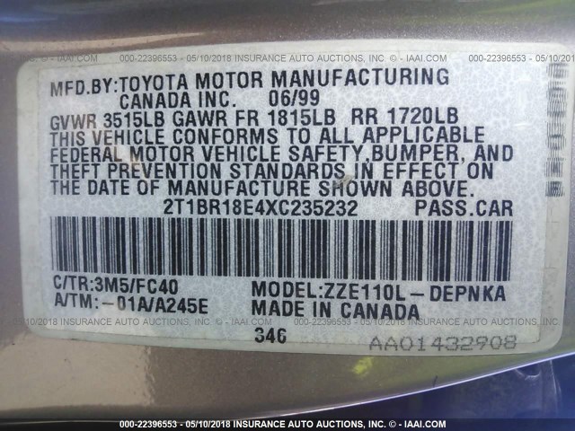 2T1BR18E4XC235232 - 1999 TOYOTA COROLLA VE/CE/LE TAN photo 9