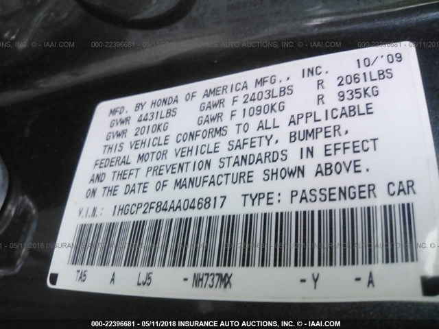 1HGCP2F84AA046817 - 2010 HONDA ACCORD EXL GRAY photo 9