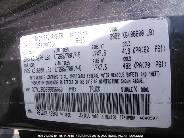 3D7KU28D93G856063 - 2003 DODGE RAM 2500 ST/SLT 灰色 照片 9