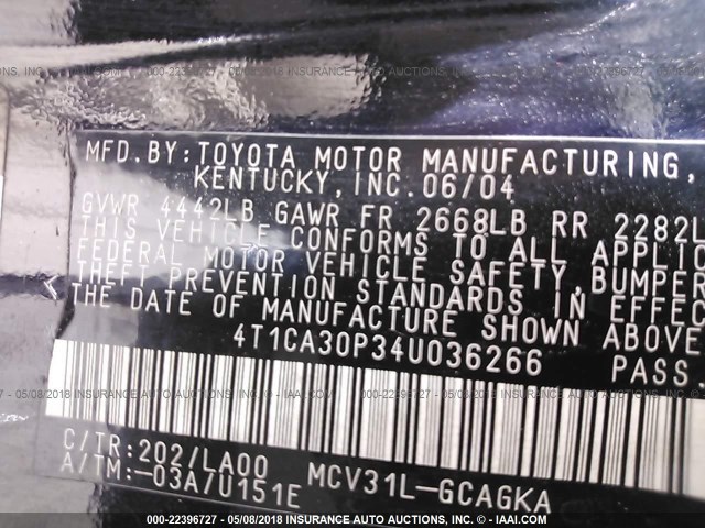 4T1CA30P34U036266 - 2004 TOYOTA CAMRY SOLARA SE/SLE BLACK photo 9