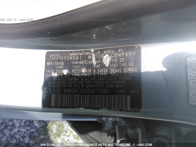 KM8JM12BX6U470286 - 2006 HYUNDAI TUCSON GL BLUE photo 9