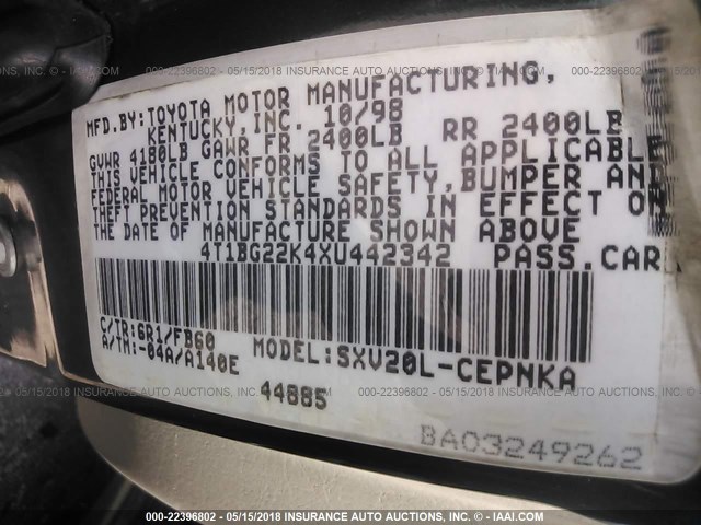 4T1BG22K4XU442342 - 1999 TOYOTA CAMRY CE/LE/XLE მწვანე ფოტო 9