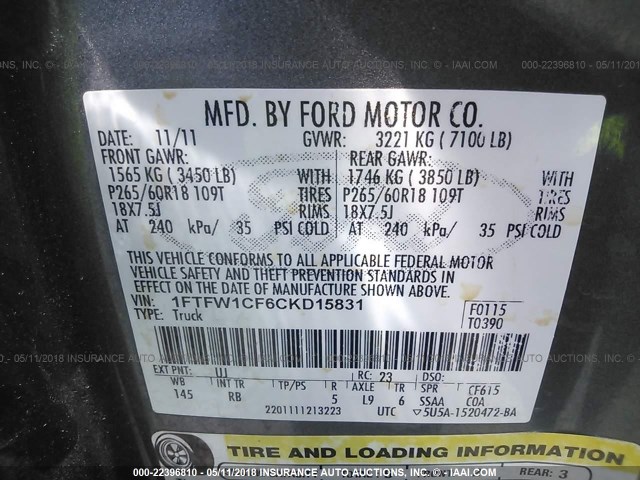 1FTFW1CF6CKD15831 - 2012 FORD F150 SUPERCREW GRAY photo 9