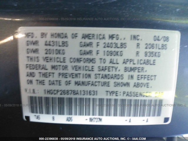 1HGCP26878A131631 - 2008 HONDA ACCORD EXL GRAY photo 9