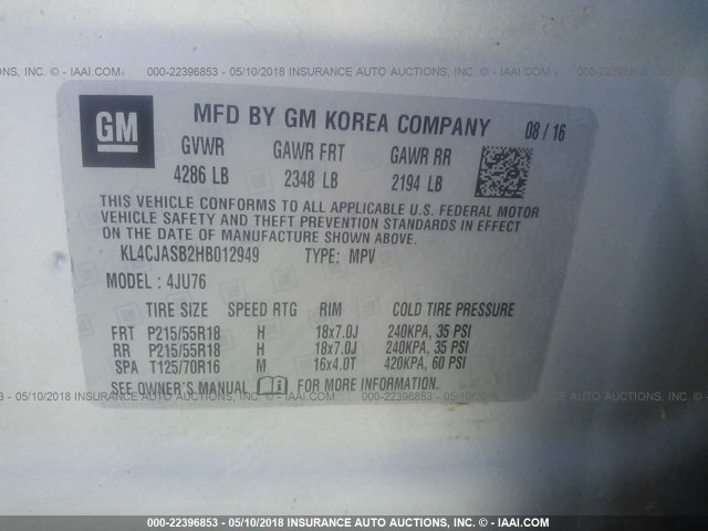 KL4CJASB2HB012949 - 2017 BUICK ENCORE PREFERRED SILVER photo 9