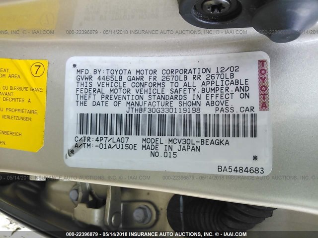 JTHBF30G330119198 - 2003 LEXUS ES 300 GOLD photo 9