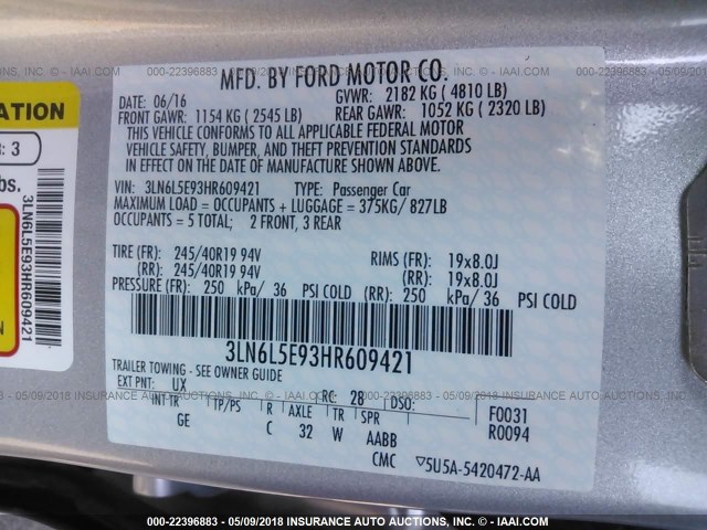 3LN6L5E93HR609421 - 2017 LINCOLN MKZ RESERVE ვერცხლისფერი ფოტო 9