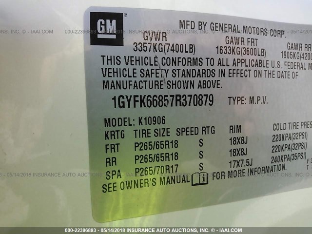 1GYFK66857R370879 - 2007 CADILLAC ESCALADE ESV WHITE photo 9