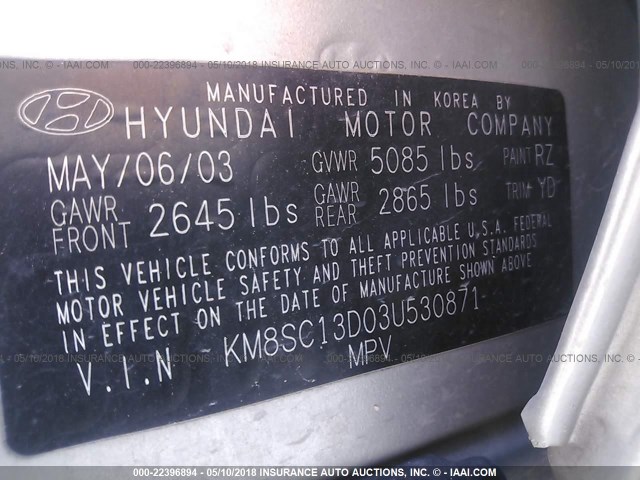 KM8SC13D03U530871 - 2003 HYUNDAI SANTA FE GLS/LX GRAY photo 9