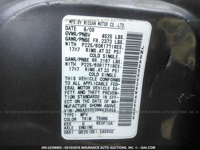 JN8AS58V39W435959 - 2009 NISSAN ROGUE S/SL GRAY photo 9