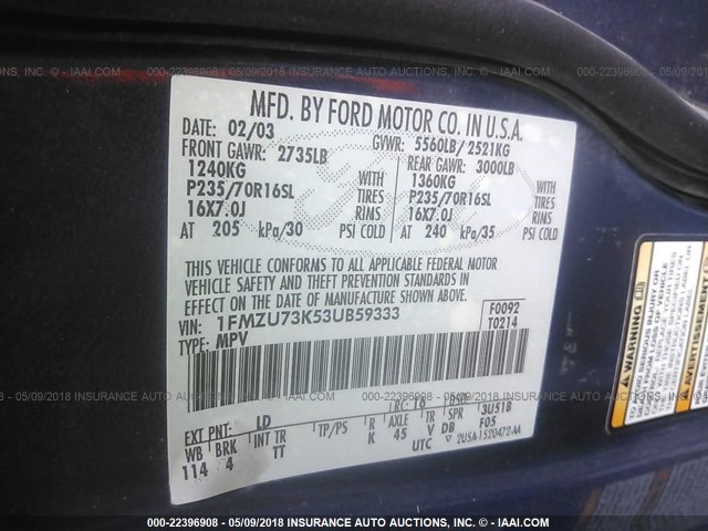 1FMZU73K53UB59333 - 2003 FORD EXPLORER XLT/XLT SPORT/NBX BLUE photo 9