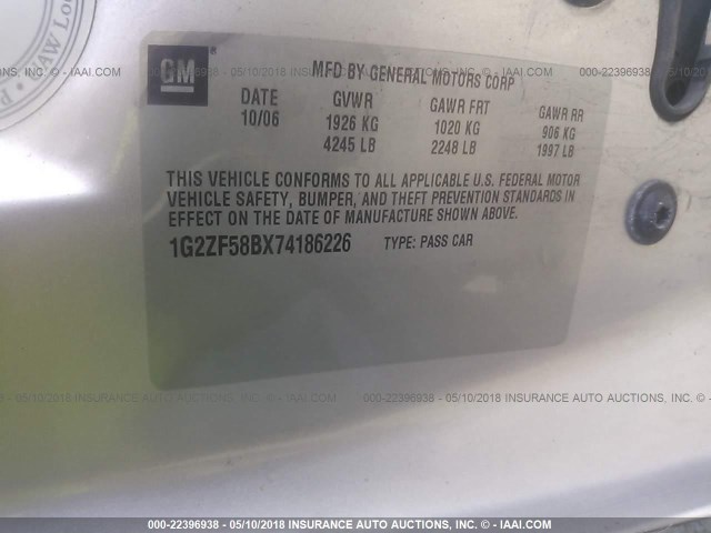 1G2ZF58BX74186226 - 2007 PONTIAC G6 VALUE LEADER/BASE GRAY photo 9